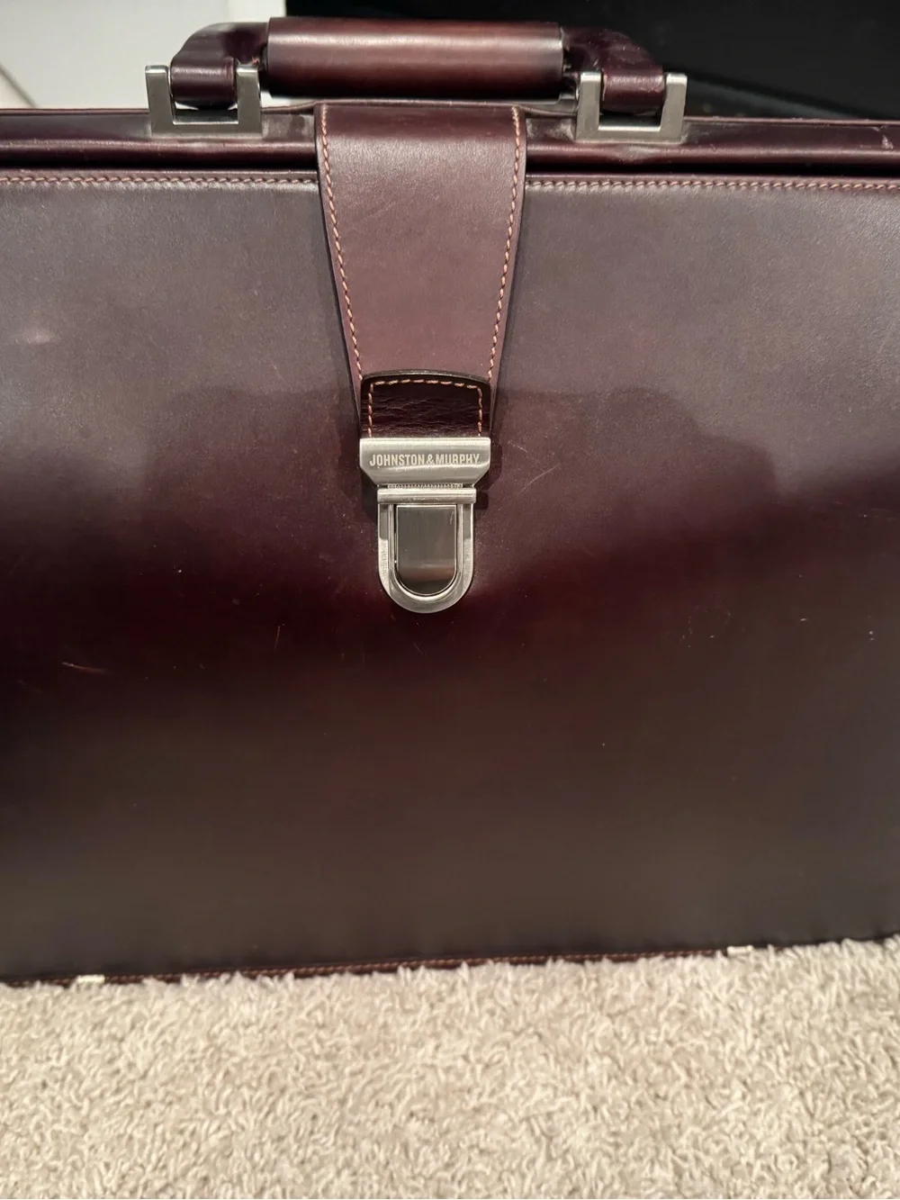 Johnston & Murphy Burgundy Leather Briefcase with Silver Hardware